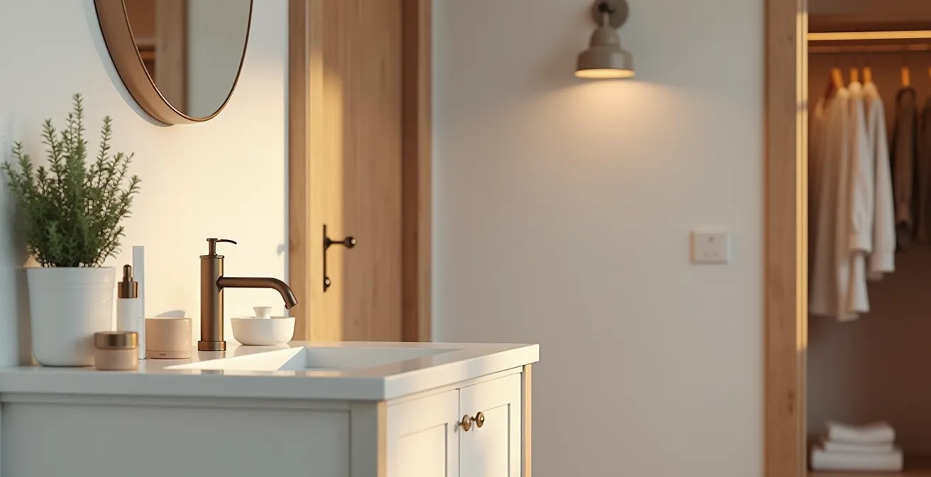 Minimalistisch vorbereiteter Waschtisch für die Morgenroutine