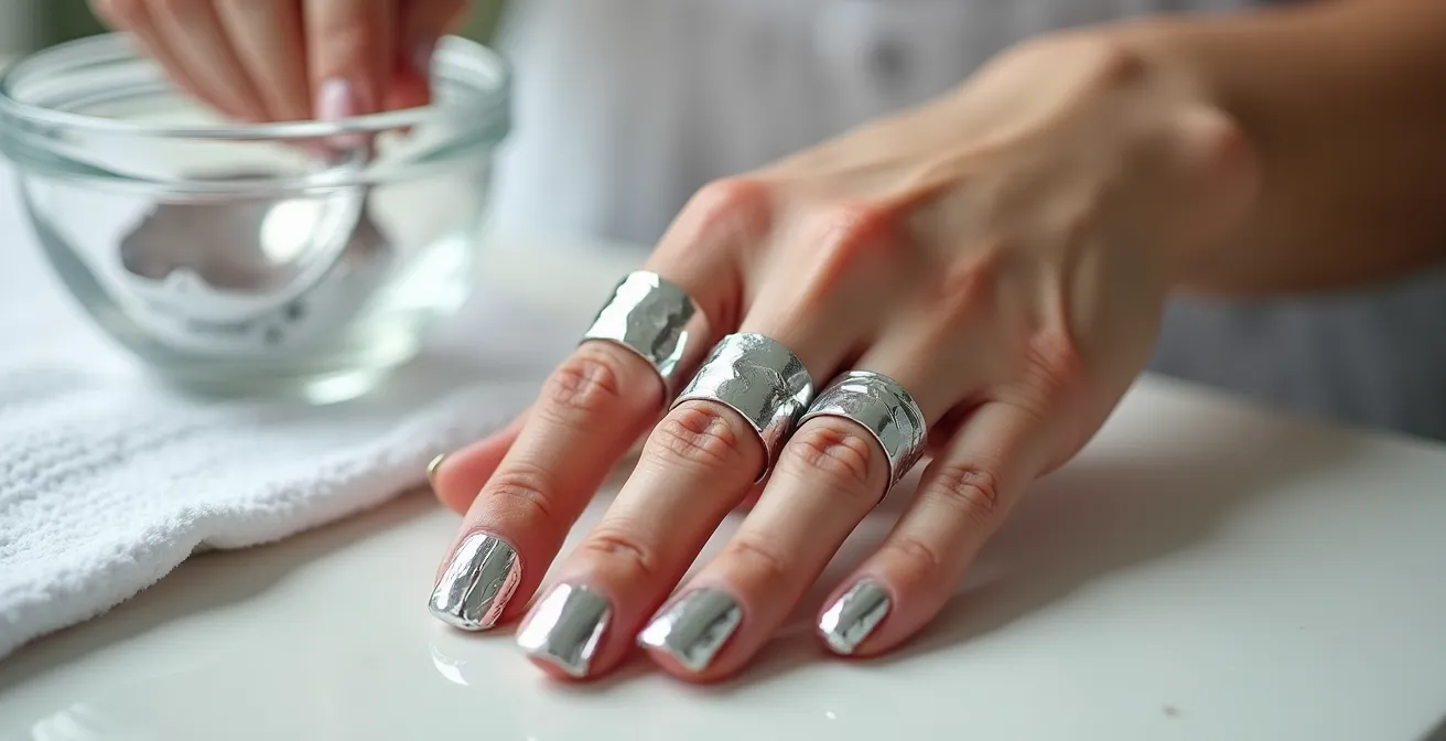 Detailaufnahme von Fingern mit professionell gewickelten Alufolien-Hütchen beim Shellac-Entfernen