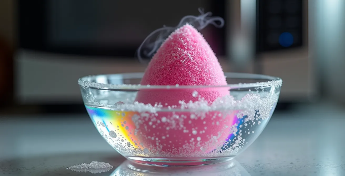 Beauty Blender in mikrowellenfester Schüssel mit Seifenwasser zur Desinfektion