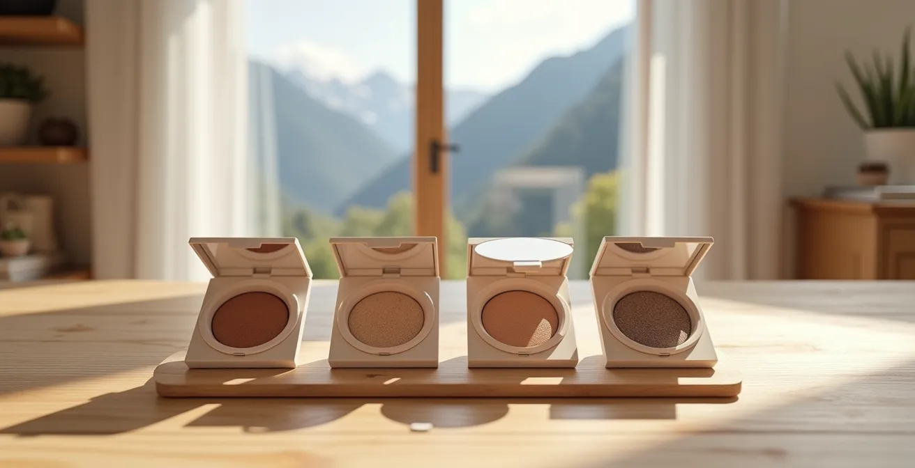 Eine minimalistische, ästhetische Anordnung von vier hochwertigen Mono-Lidschatten in neutralen Erdtönen auf einer Holzoberfläche.