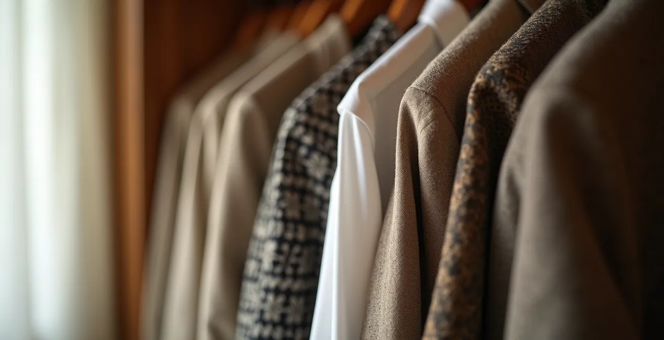 Minimalistischer Kleiderschrank mit sorgfältig arrangierten Kleidungsstücken in neutralen Tönen