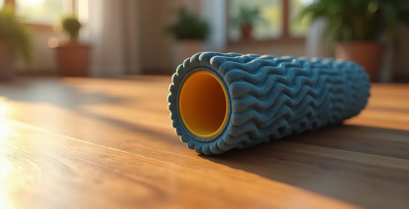 Makroaufnahme einer Faszienrolle auf Holzboden mit sichtbarer Oberflächentextur