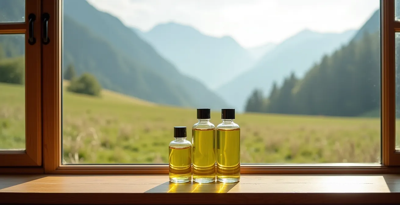 Elegante Flaschen mit Haaröl, darunter steirisches Kürbiskernöl, auf einem Regal vor einem Fenster mit Blick auf die österreichische Landschaft.
