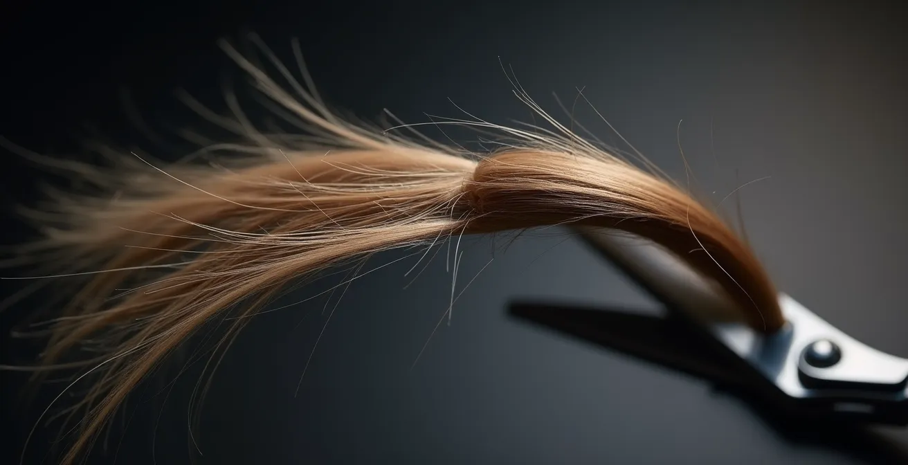 Mikroskopische Ansicht, die den sauberen Schnitt einer professionellen Haarschneideschere mit dem ausgefransten Schnitt einer Küchenschere vergleicht.