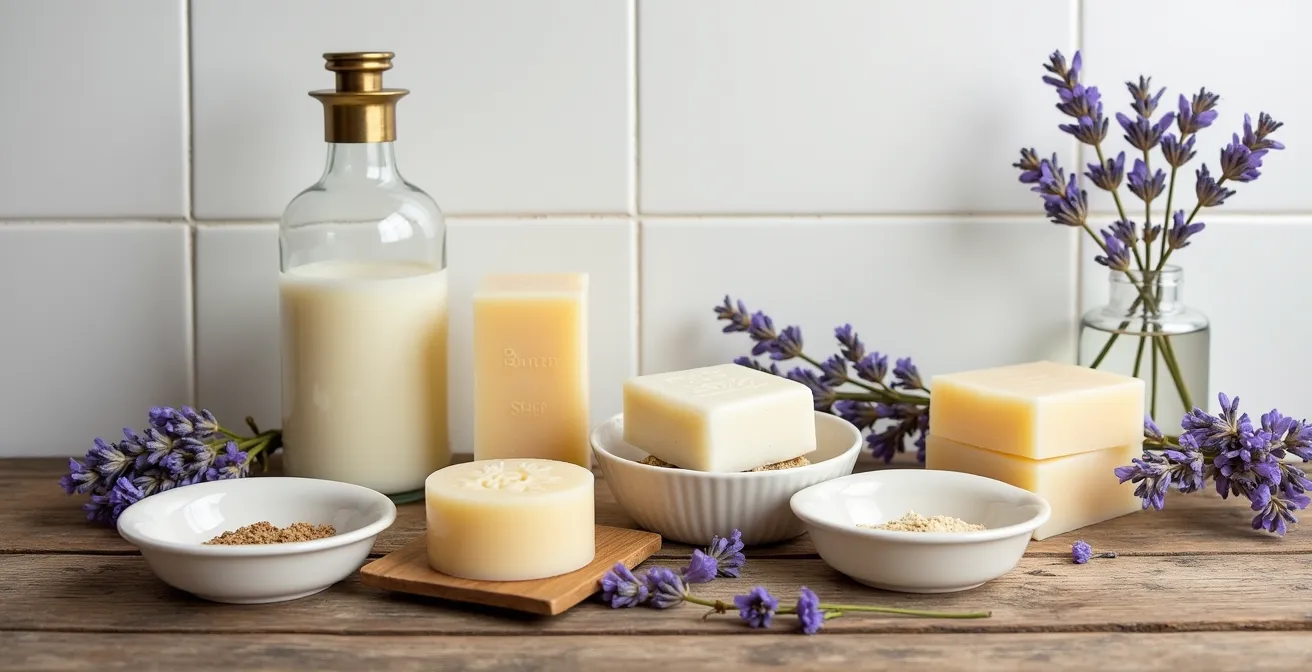 Stillleben mit festen Shampoo-Bars und natürlichen Haarseifen auf Holzuntergrund