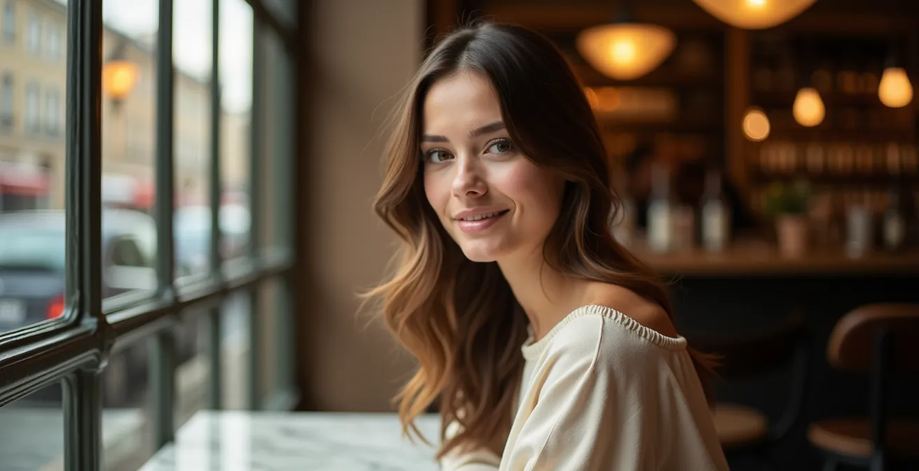 Gesicht einer Frau mit dezent platzierten Highlighter-Punkten in weichem Fensterlicht