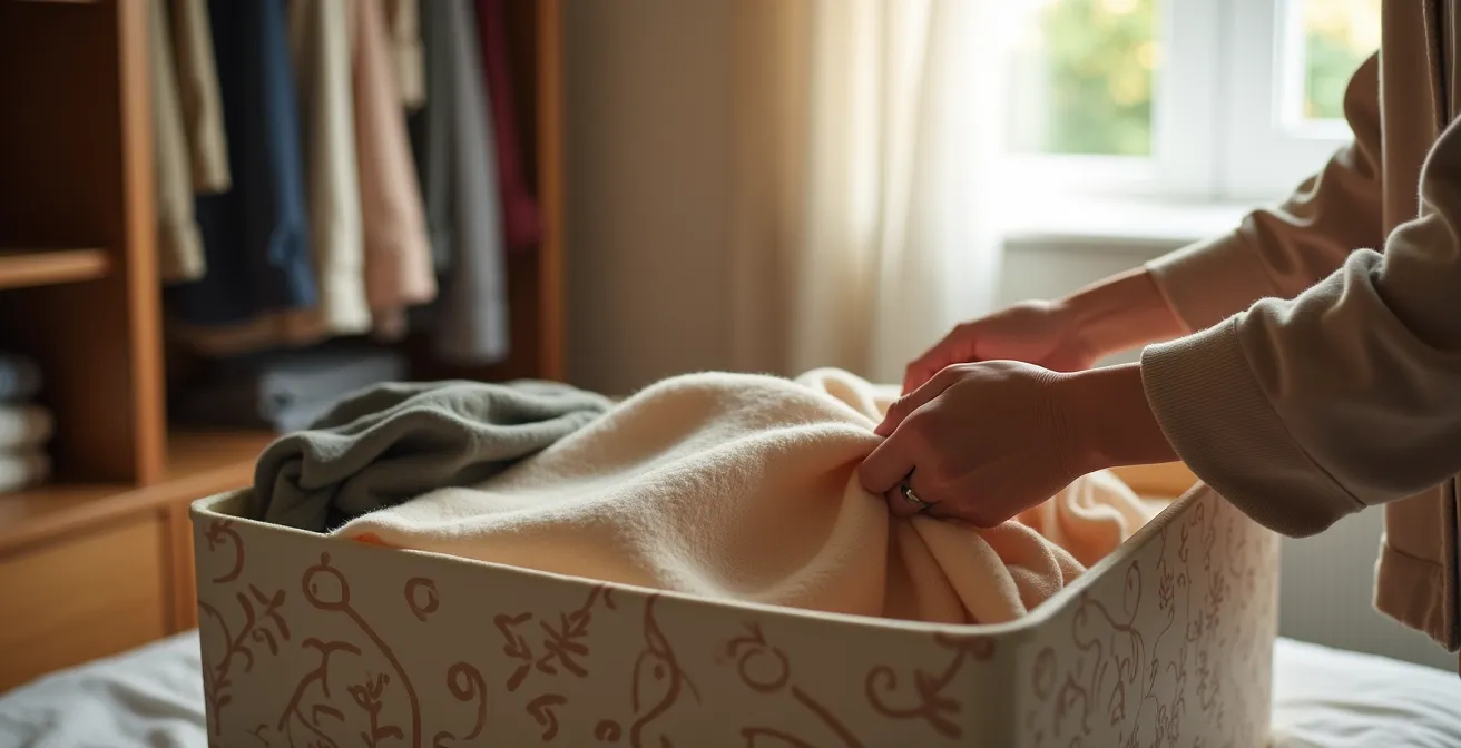 Aufgeräumter Kleiderschrank mit freiem Raum und sorgfältig gefalteten Kleidungsstücken