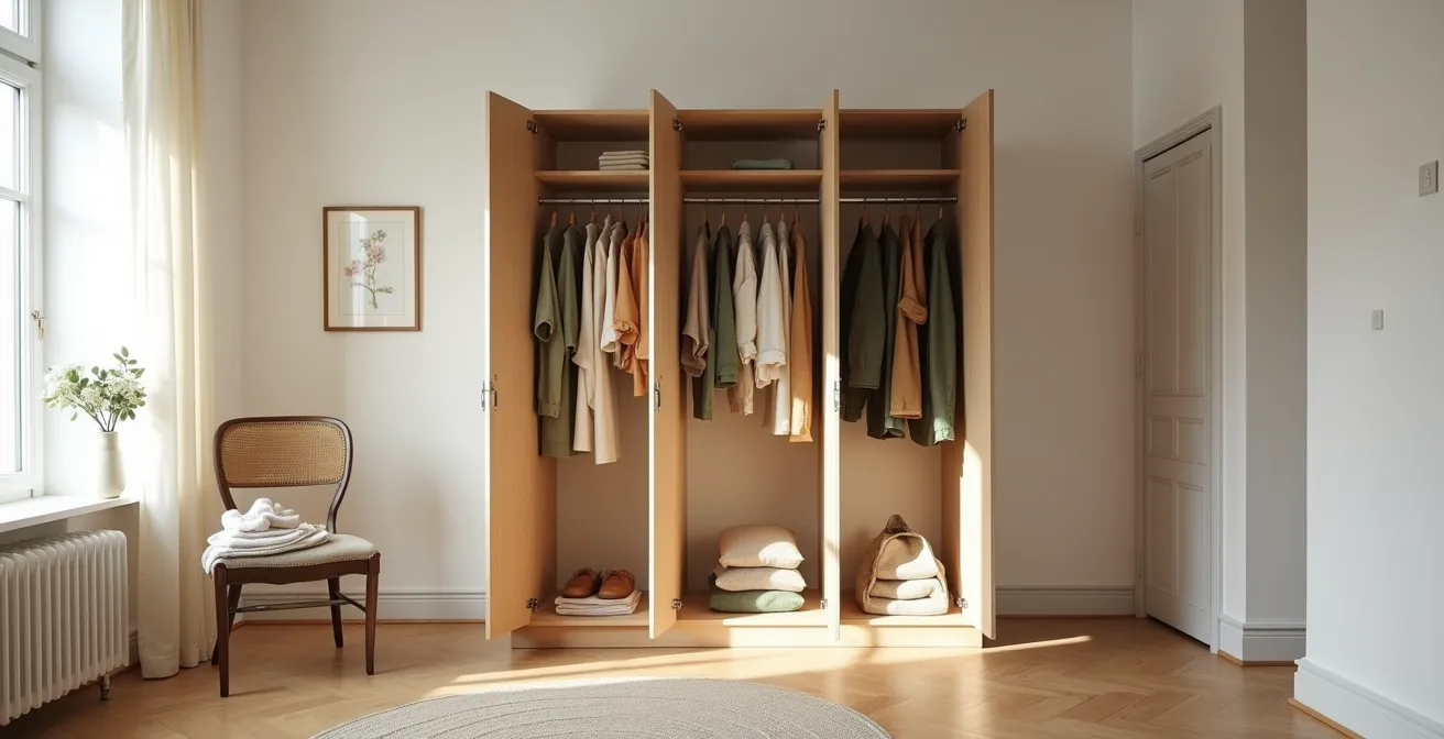 Ein aufgeräumter, minimalistischer Kleiderschrank, der Ruhe und Ordnung ausstrahlt.