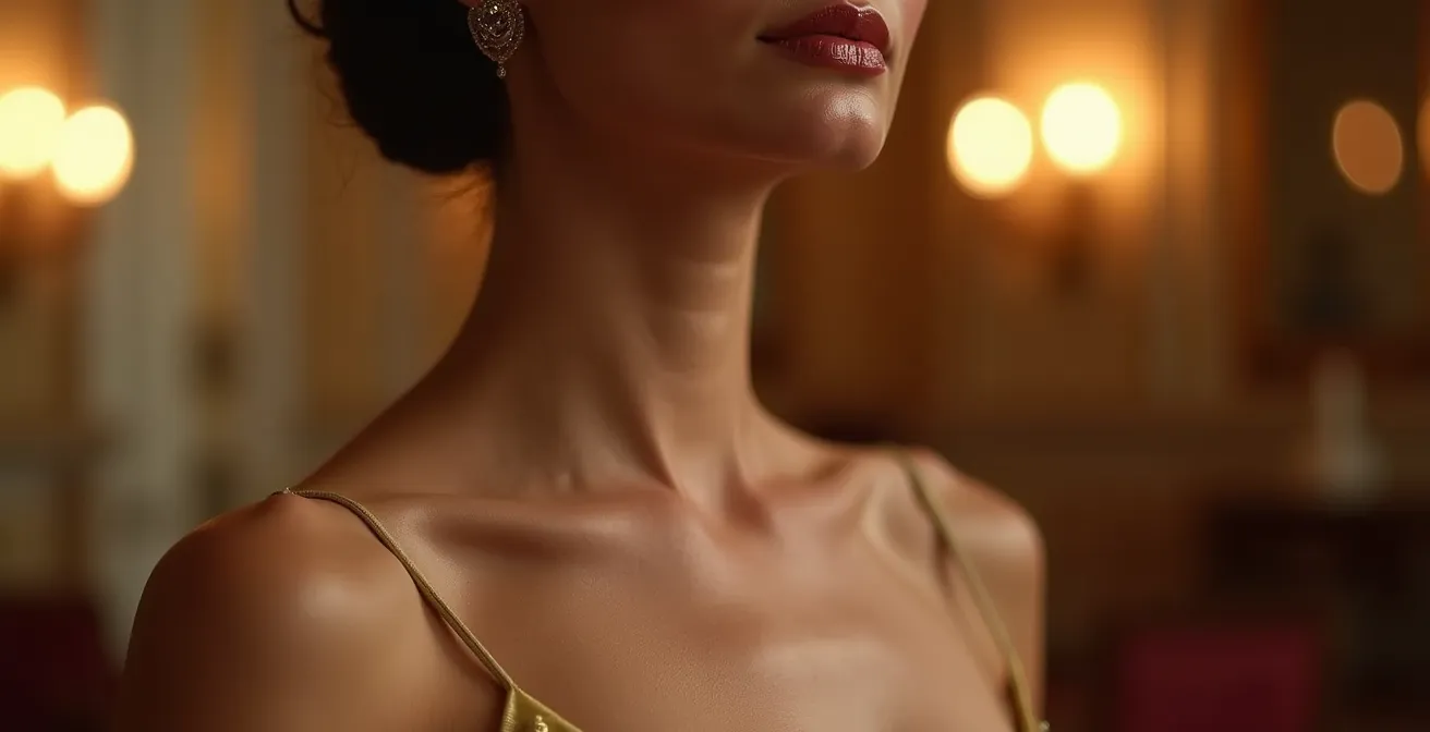 Elegante Schulterpartie einer Frau im Abendkleid mit dezentem Highlighter-Schimmer auf den Schlüsselbeinen.