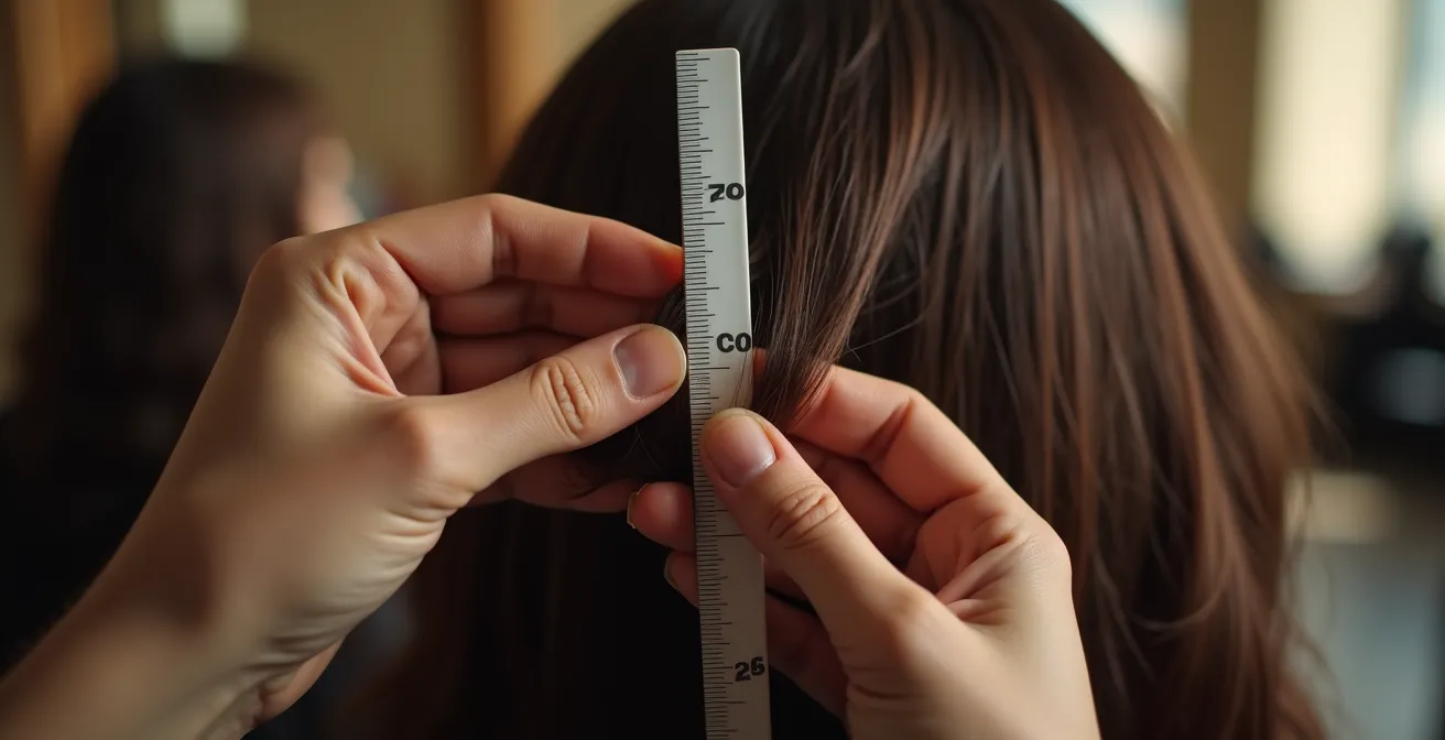 Eine Person zeigt mit den Fingern an einer Haarsträhne präzise, wie viel für einen Spitzenschnitt abgeschnitten werden soll.