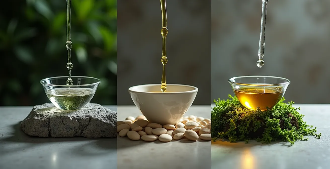 Minimalistische Anordnung von Kopfhautpflege-Produkten in drei Schritten