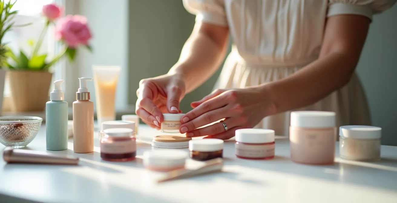 Aufgeräumtes Kosmetiktäschchen mit saisonalen Produkten, die von Frauenhänden sortiert werden
