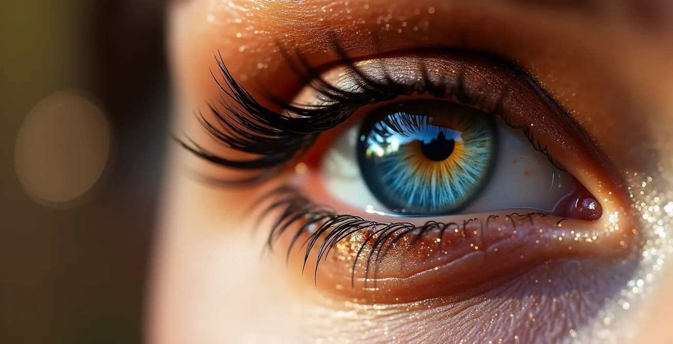 Makroaufnahme eines blauen Auges mit professionell aufgetragenem, schimmerndem Kupfer-Lidschatten, der die Augenfarbe intensiviert.