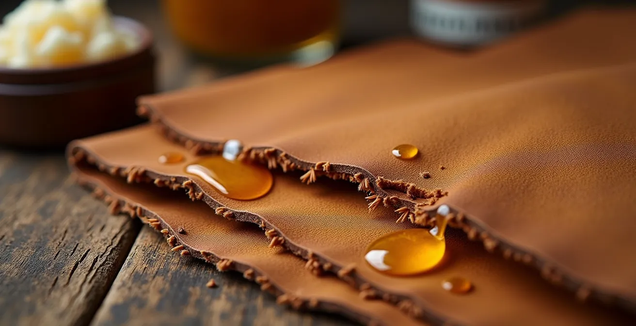 Mikroskopische Ansicht von Lederfasern mit Fettmolekülen zur Veranschaulichung der Rückfettung