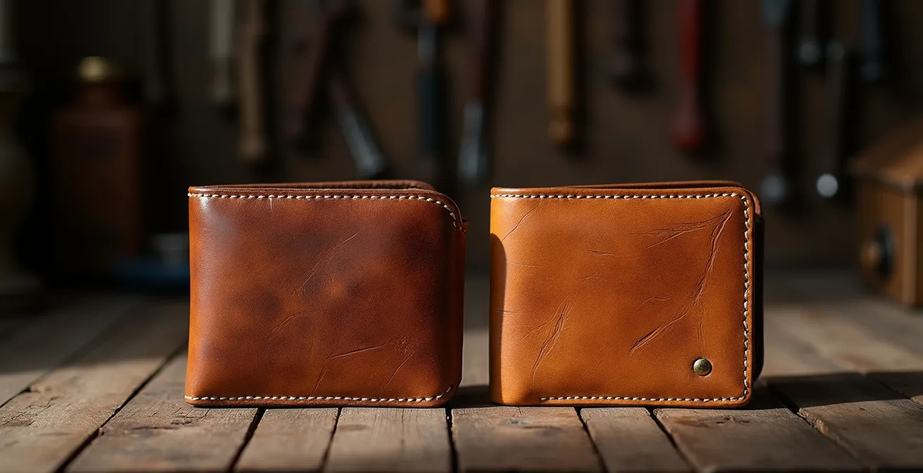 Gegenüberstellung von neuem und jahrzehntealtem Leder mit edler Patina