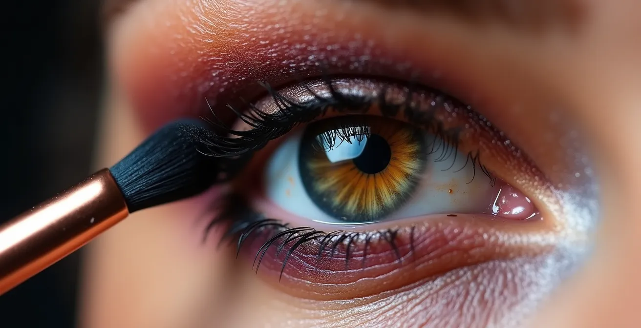 Nahaufnahme eines geschminkten Auges mit intensiv pigmentiertem Lidschatten in warmen Tönen