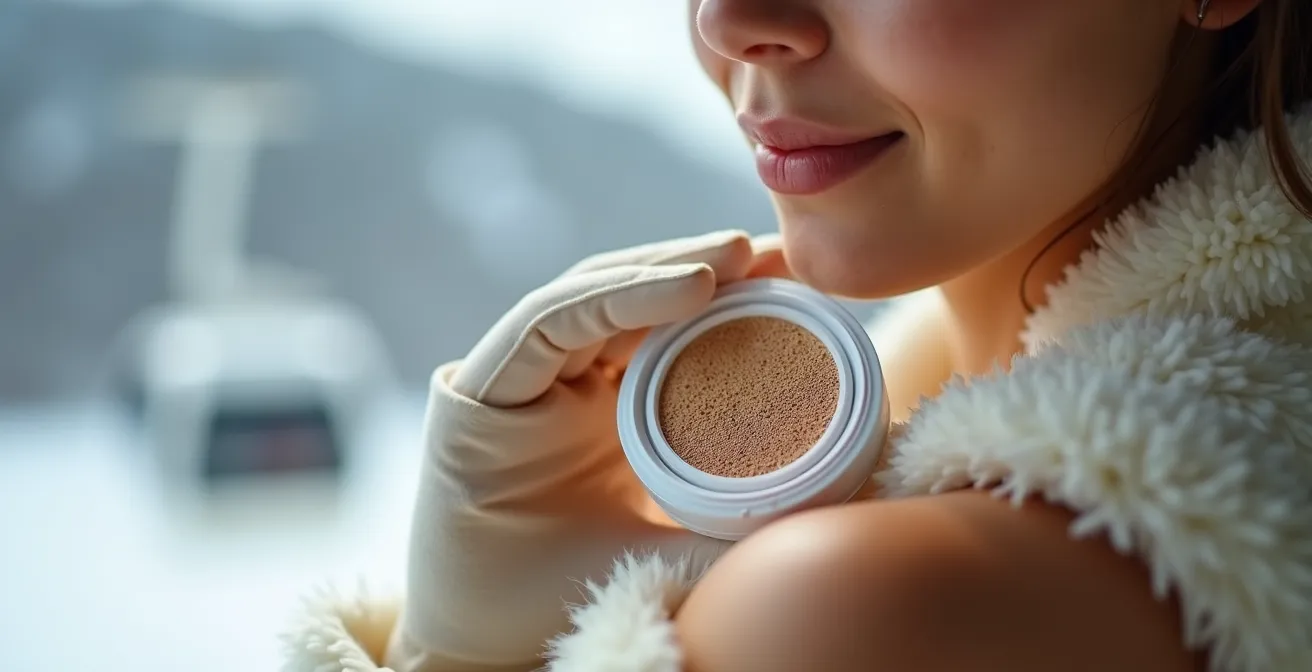 Makroaufnahme von Händen beim sanften Einklopfen von Sonnenschutz über Foundation