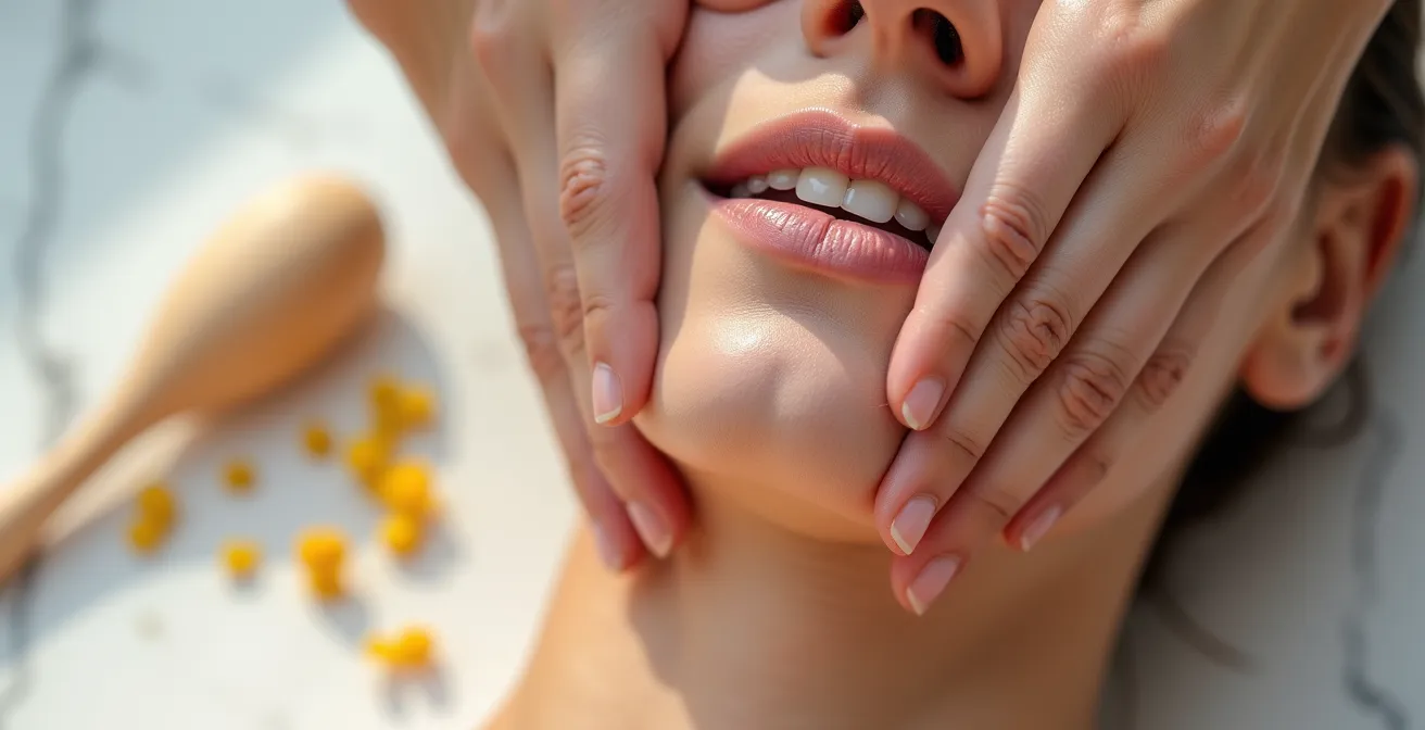Lymphdrainage Massagetechnik entlang der Kieferlinie mit sanften Aufwärtsbewegungen