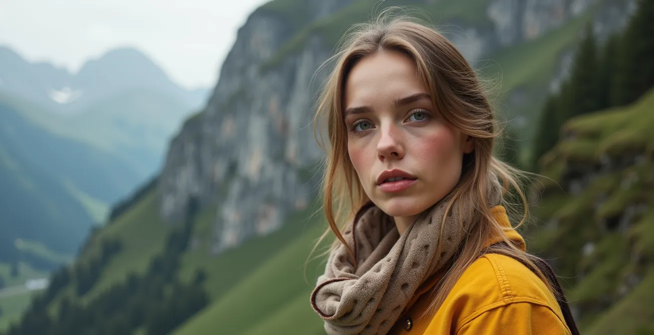 Portrait einer Person mit frischem Make-up und natürlichen Apfelbäckchen in österreichischer Umgebung