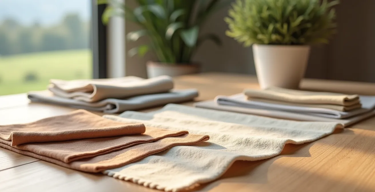 Umweltfreundliche Stoffe in natürlichen Tönen auf Holzoberfläche