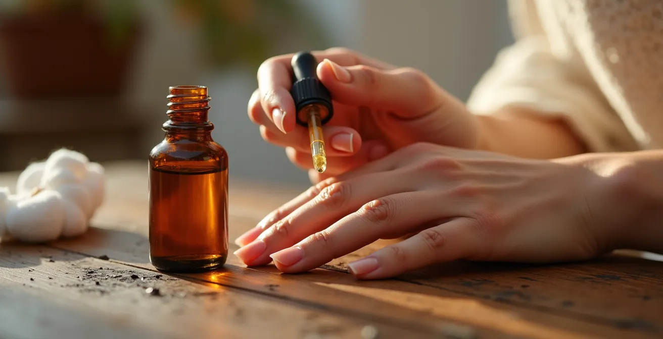 Hände beim Auftragen von pflegendem Nagelöl nach der Nagellackentfernung