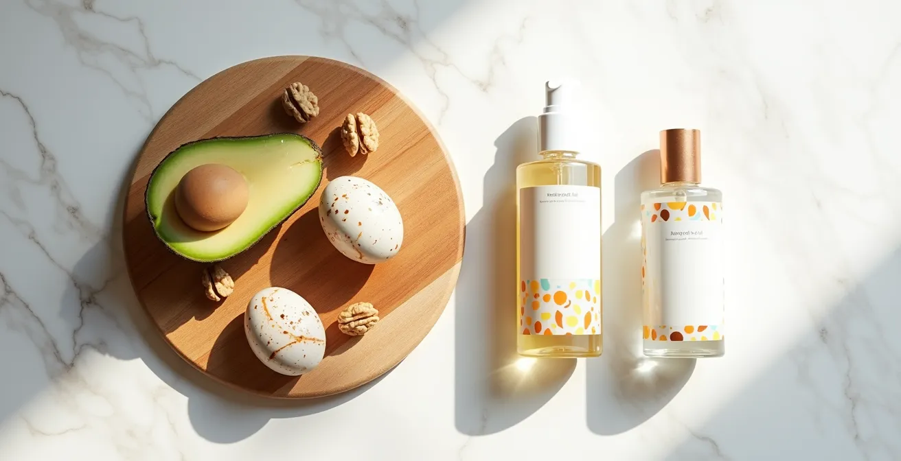 Stilleben mit Nahrungsergänzungsmitteln und Nagelpflegeprodukten