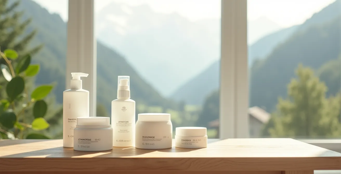 Minimalistische Darstellung österreichischer Bio-Kosmetik mit natürlichen Inhaltsstoffen