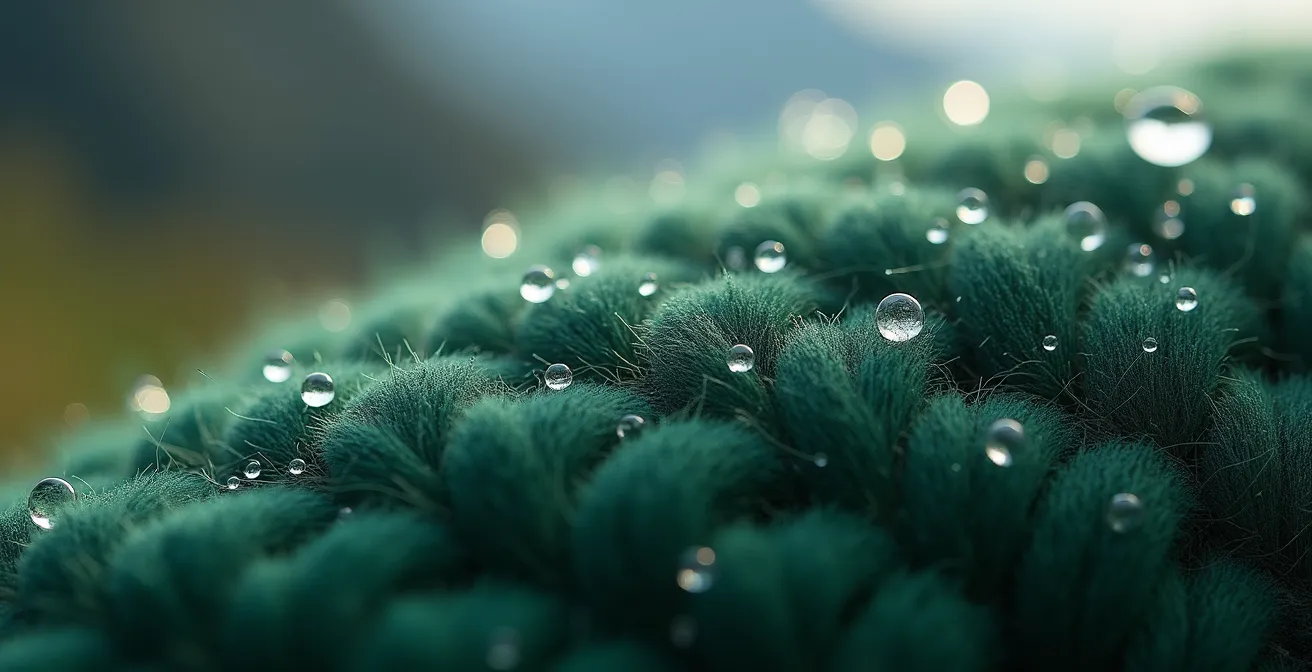 Nahaufnahme der österreichischen Lodenwoll-Textur mit Wassertropfen