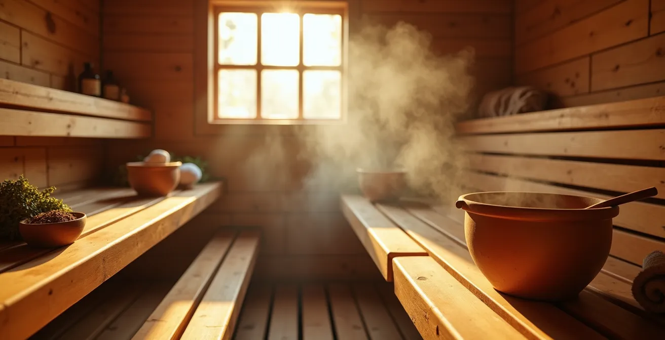 Traditionelle Zirbensauna mit Aufguss-Zeremonie in österreichischer Therme