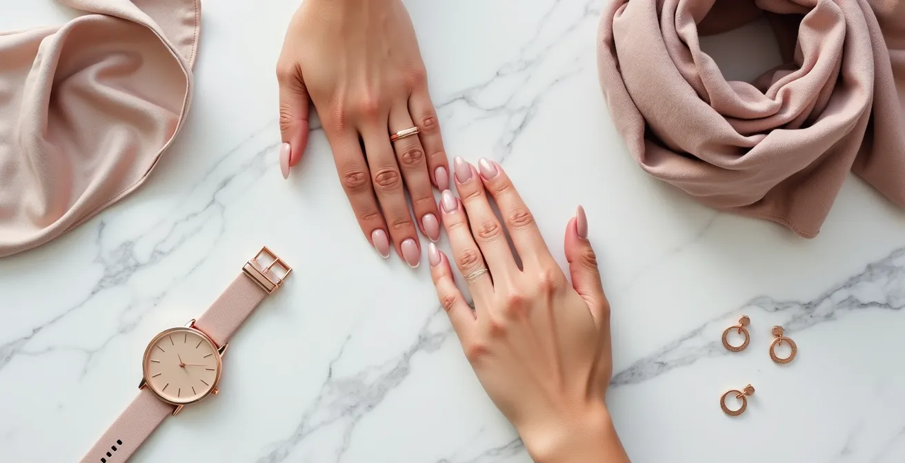 Elegante Hände mit minimalistischen Nägeln neben hochwertigen Accessoires