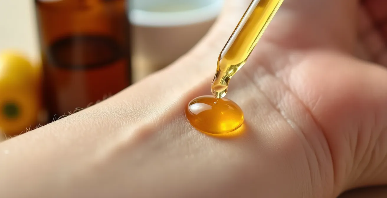 Nahaufnahme eines Patch-Tests mit ätherischem Öl auf der Armbeuge