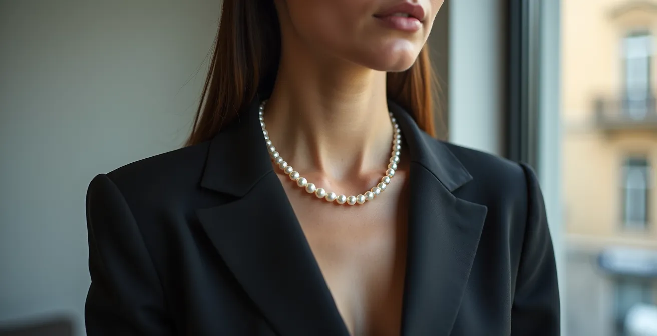 Moderne Interpretation einer klassischen Perlenkette im Business-Look