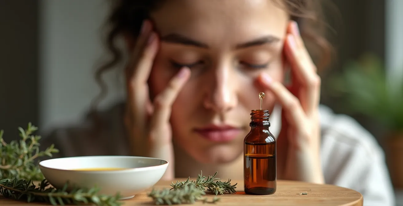 Sanfte Anwendung von verdünntem Pfefferminzöl auf den Schläfen