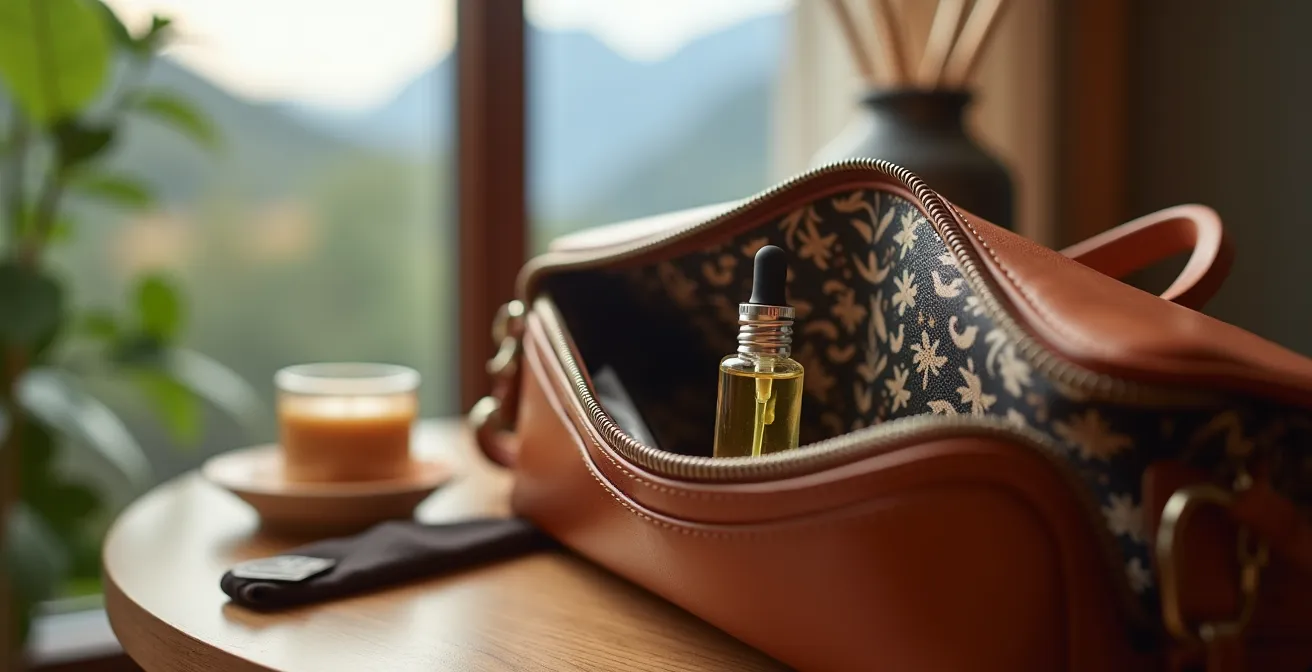 Eleganter Nagelöl-Roll-on in einer geöffneten Handtasche mit alpiner Kulisse