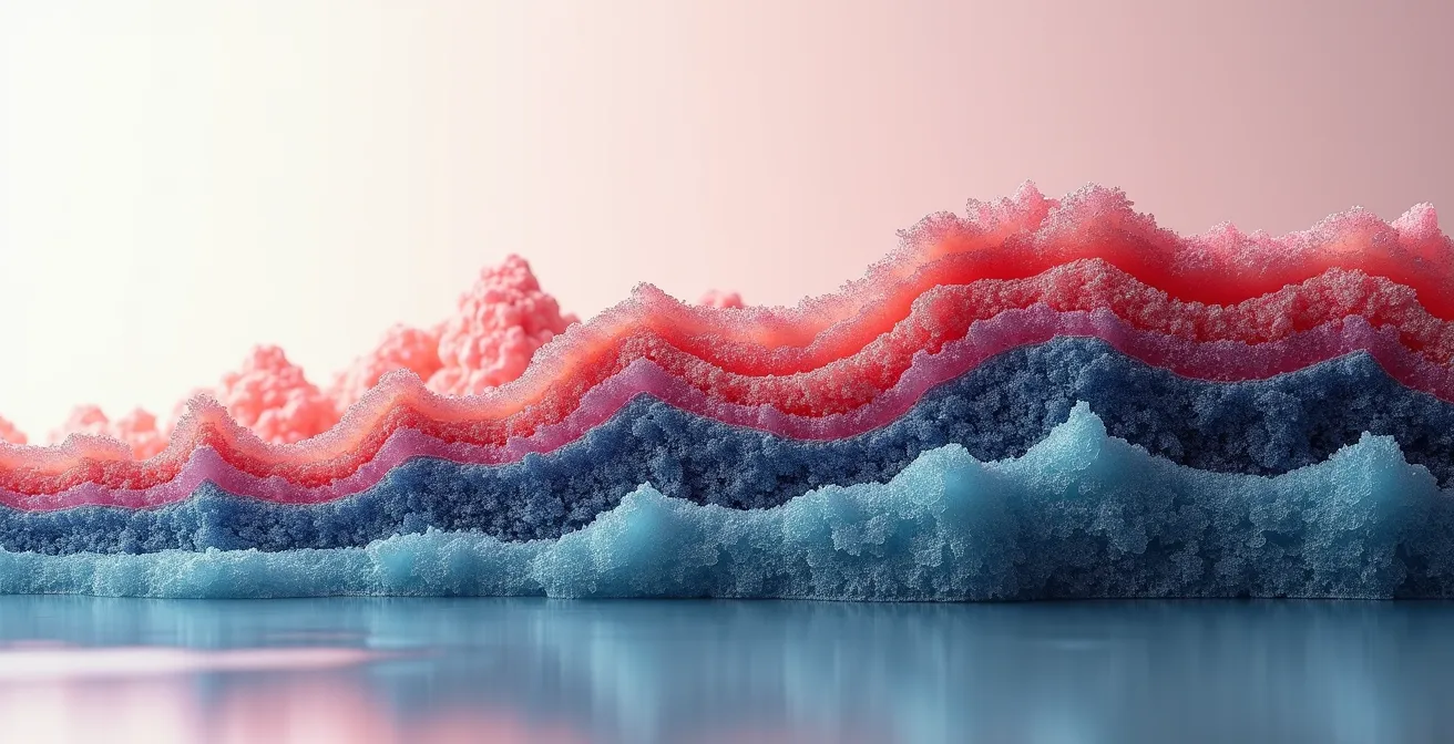 Eine abstrakte, schichtweise Darstellung der Sandwich-Technik mit verschiedenen Make-up-Texturen wie Creme und Puder.