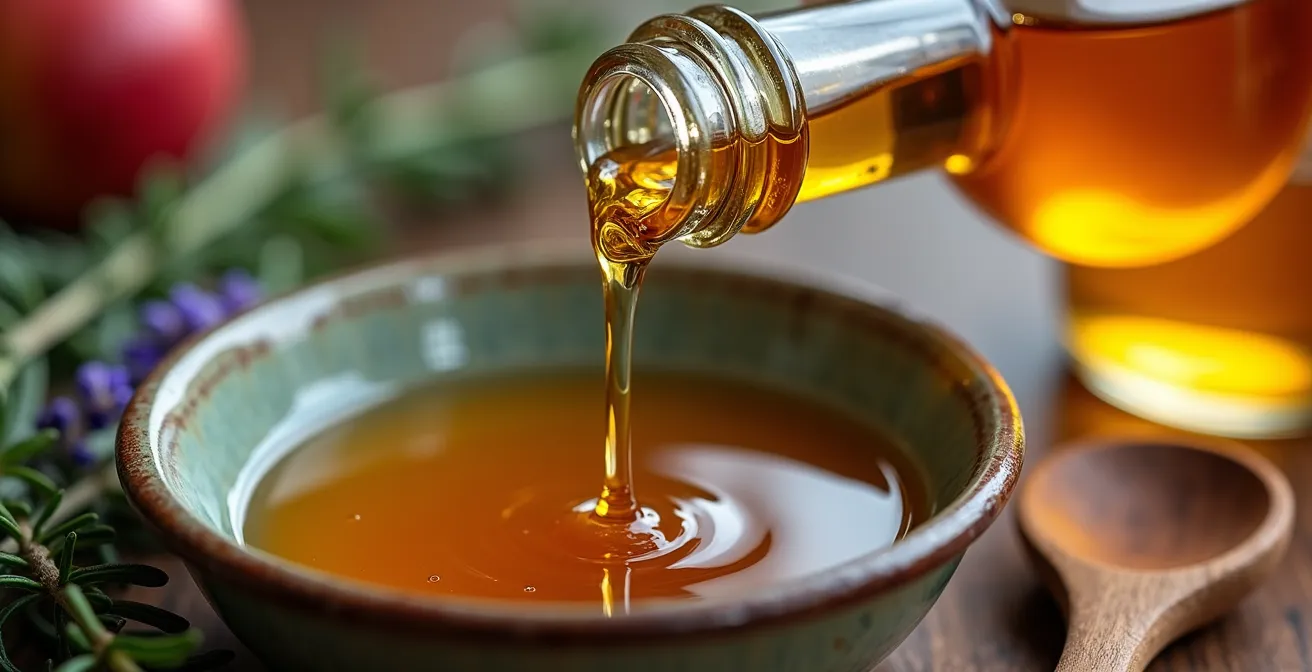 Stillleben mit naturtrübem Apfelessig und frischen Kräutern in österreichischer Küche