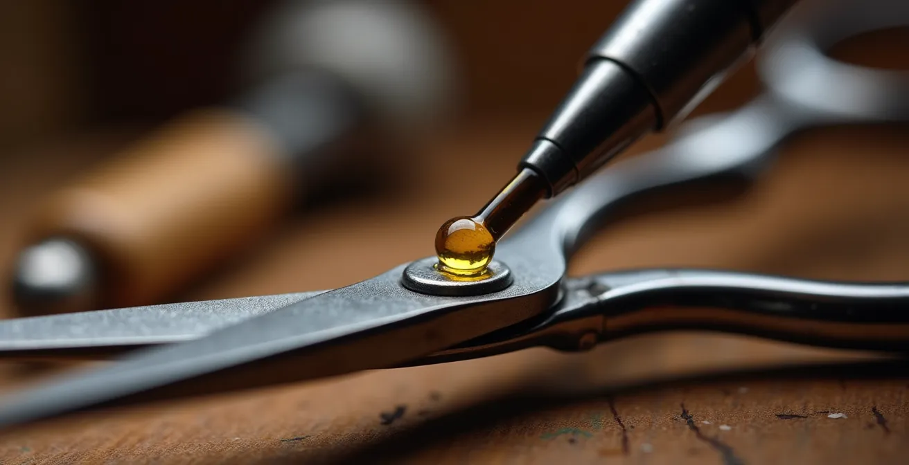 Makroaufnahme zeigt das präzise Ölen eines Scherengelenks mit einem einzigen Tropfen Öl