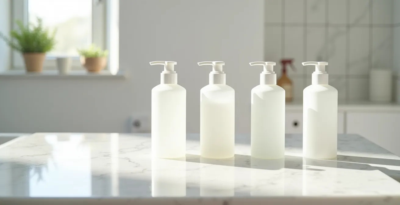 Minimalistische Anordnung von vier Hautpflegeprodukten auf weissem Marmor in einem österreichischen Badezimmer