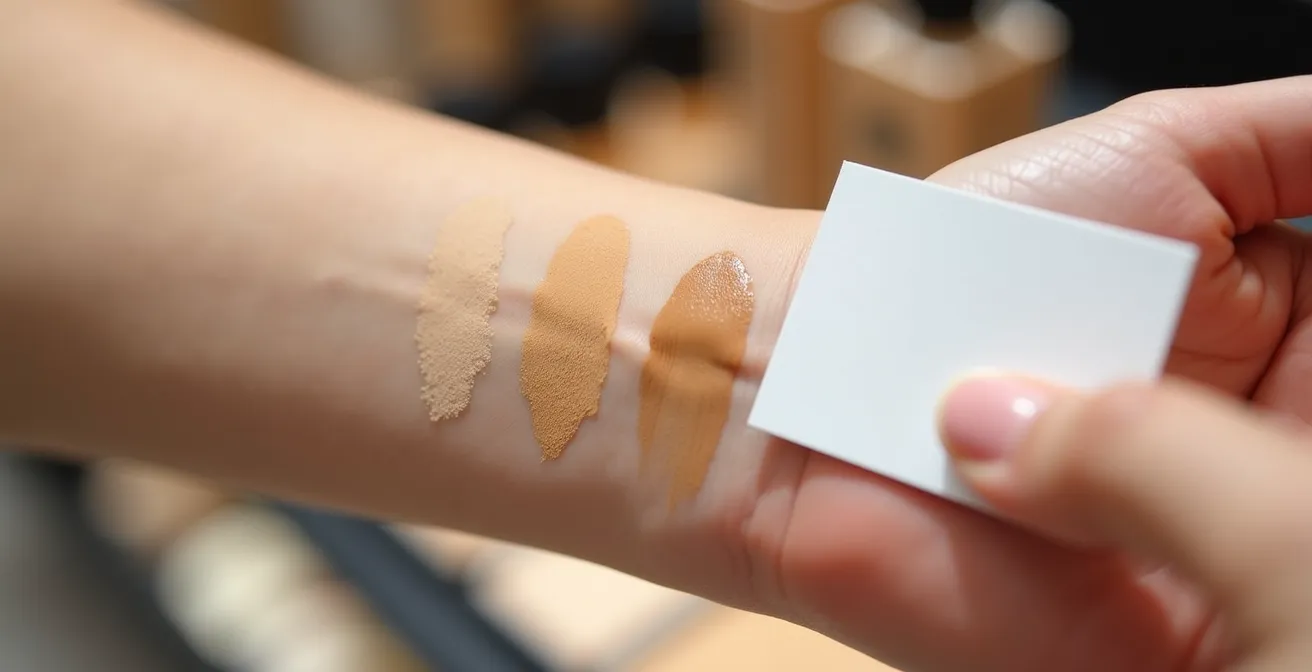Makroaufnahme einer Hand mit Foundation-Swatches neben einer weissen Visitenkarte für den Weissabgleich