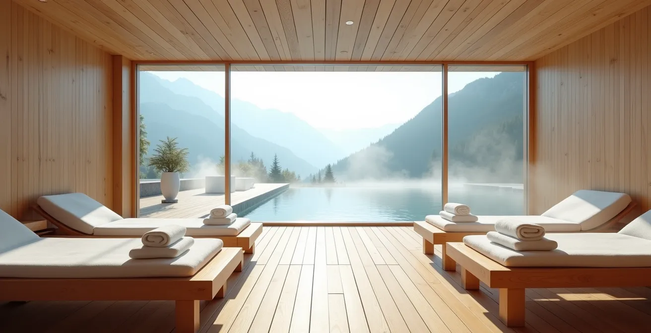 Ruhiger Wellnessbereich mit Liegen und Blick auf österreichische Berglandschaft