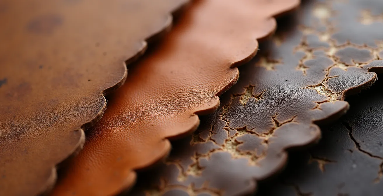 Nahaufnahme verschiedener Lederalternativen, die die unterschiedlichen Texturen von tierischem Leder, Apfelleder und Pilzleder zeigen.