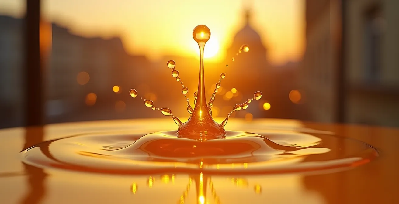 Makroaufnahme von Vitamin-C-Serum-Tropfen mit goldener Textur