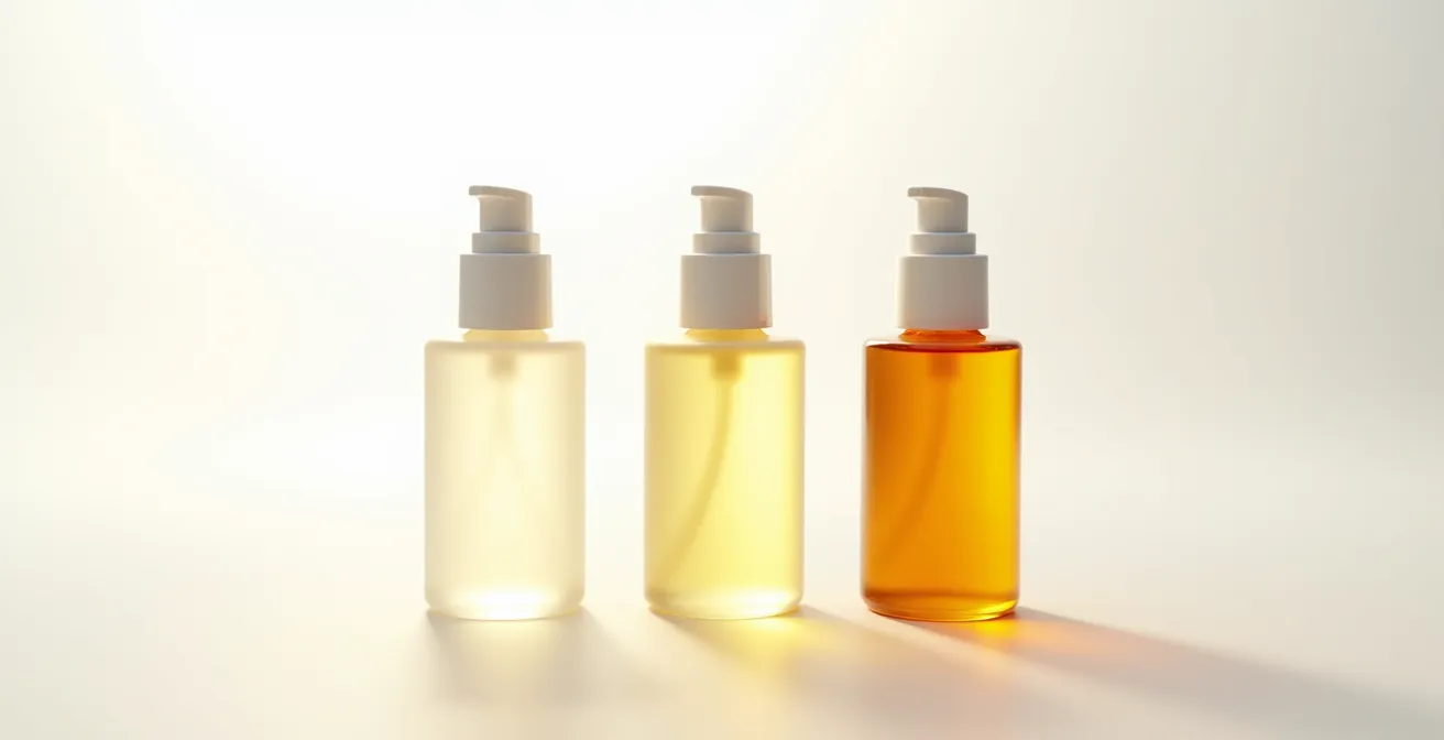 Farbverlauf eines Vitamin-C-Serums von klar zu tief-orange, was die Oxidation in verschiedenen Flaschen zeigt