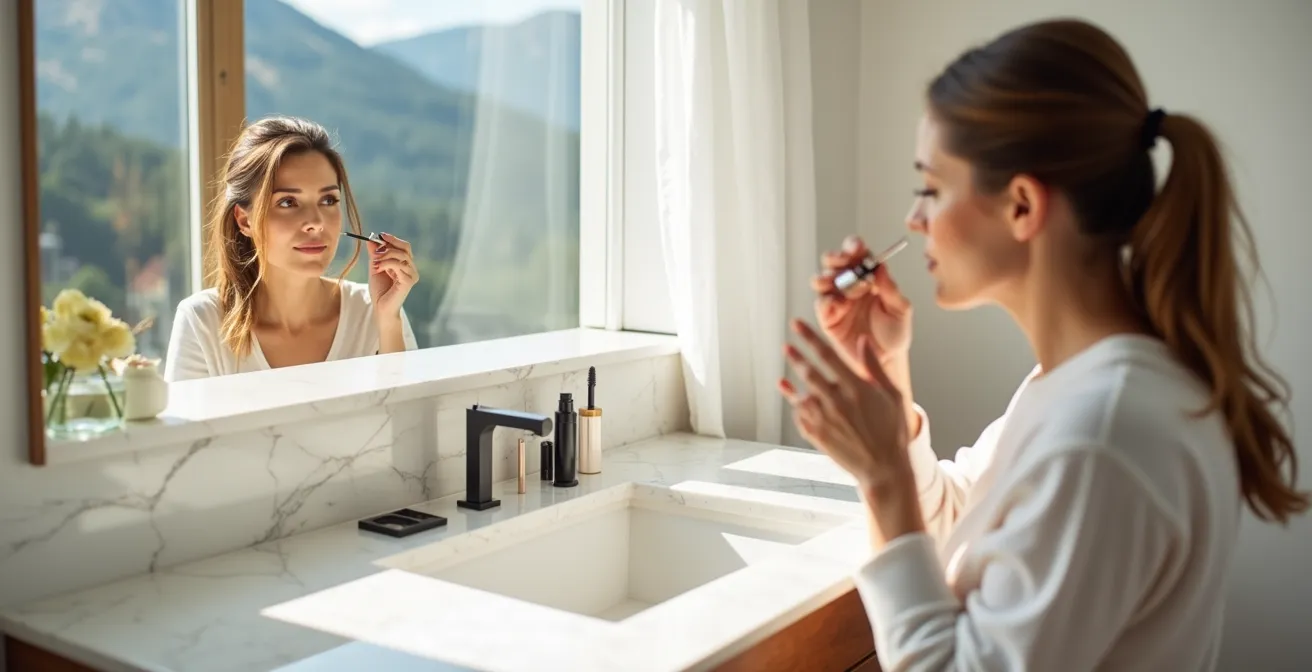 Seitliche Nahaufnahme der korrekten Wimpernzangen-Anwendung