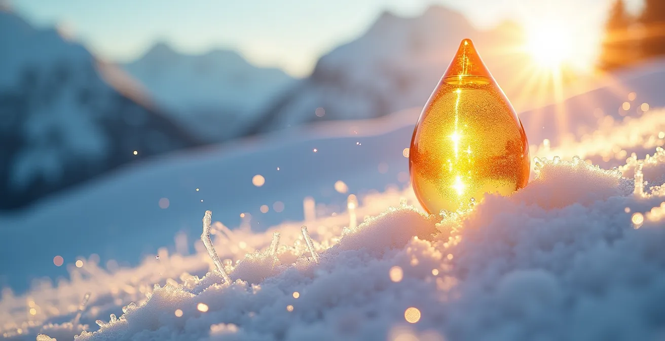 Symbolische Darstellung von Winter-Sonnenschutz mit Schneekristallen, die das Licht in den österreichischen Alpen reflektieren.