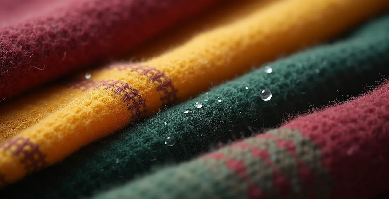 Nahaufnahme von farbenfrohen und texturreichen Winterstoffen als Mittel gegen triste Stimmung.