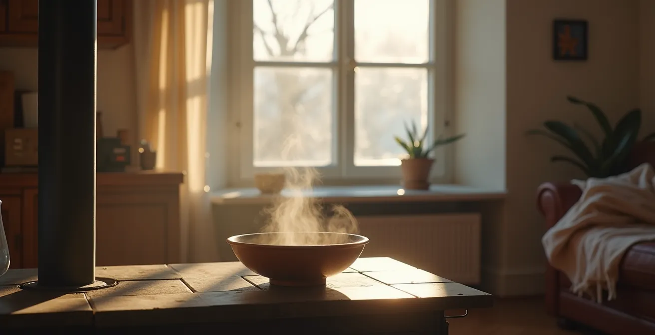 Gemütliches österreichisches Altbau-Wohnzimmer im Winter mit sichtbarem Wasserdampf vom Luftbefeuchter