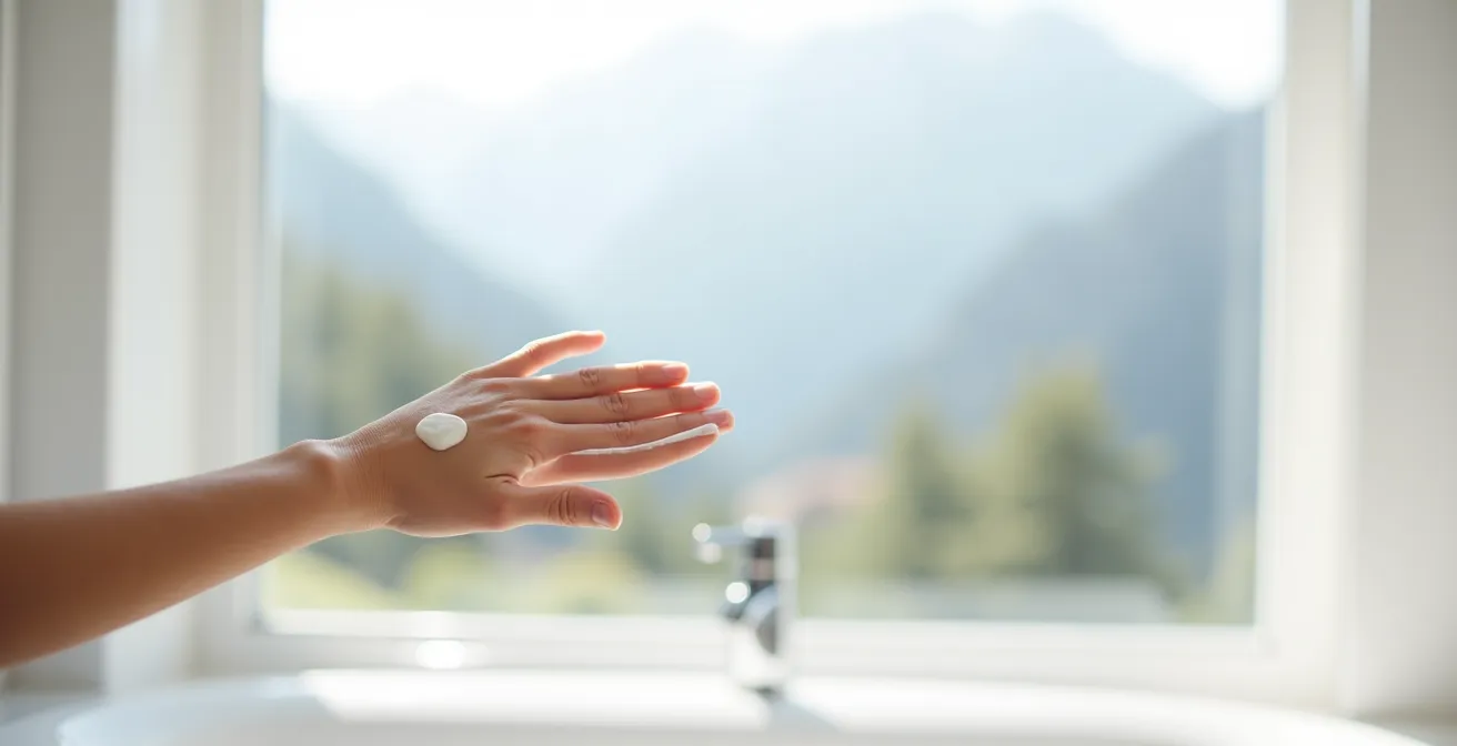 Detailaufnahme von zwei Fingern mit der richtigen Menge Sonnencreme für das Gesicht